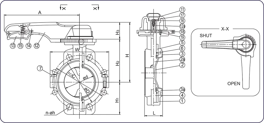 Bản vẽ kích thước lắp đặt van bướm nhựa Asahi Type 55 loại tay gạt.