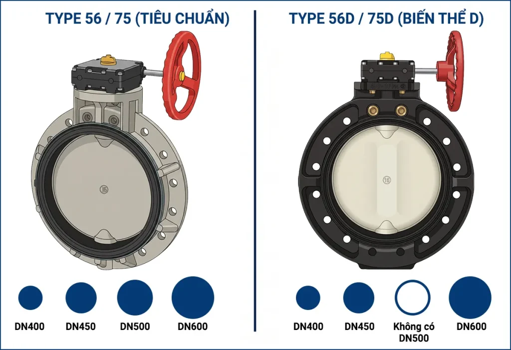 Đối chiếu trực quan giữa van bướm nhựa Asahi Type 56 75 tiêu chuẩn và biến thể Type 56D 75D