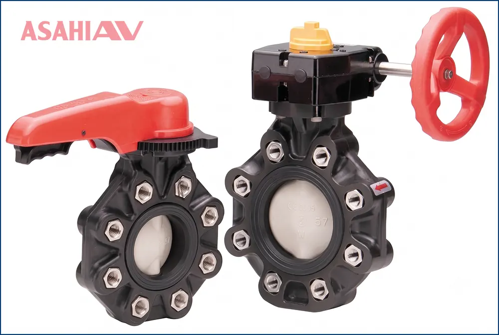 Van bướm nhựa Asahi Type 57L kiểu lug với tai ren bắt bulông độc lập quanh thân van.