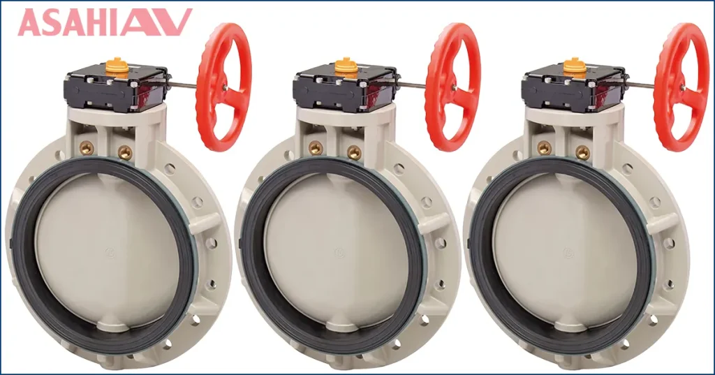 Van bướm nhựa Asahi Type 56 DN400 thân nhựa gia cường màu xám, tay quay hộp số, lắp mặt bích tuyến ống chính