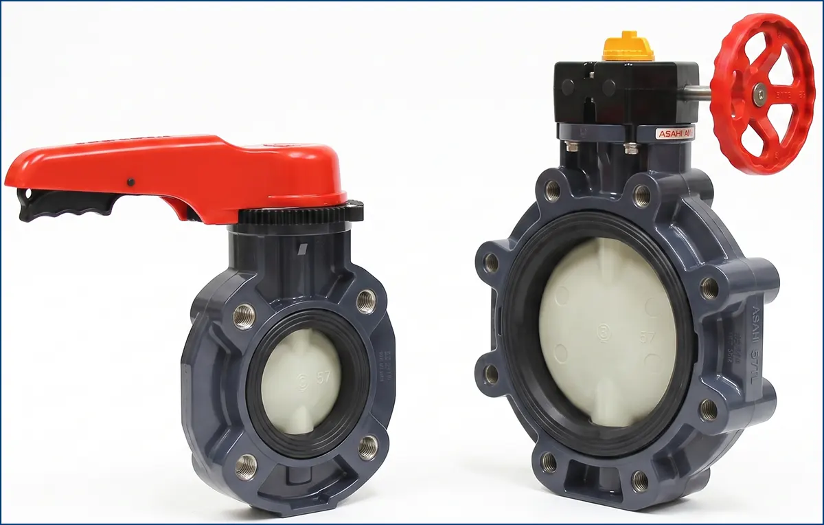 Van bướm nhựa Asahi Type 57TL Isolator Lug tay gạt và tay quay hộp số