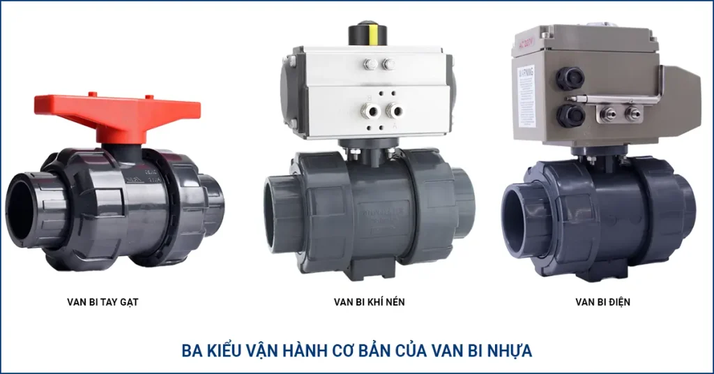 Ba van bi nhựa giống hệt nhau về thân van nhưng khác phần vận hành: tay gạt, bộ truyền động khí nén và bộ truyền động điện