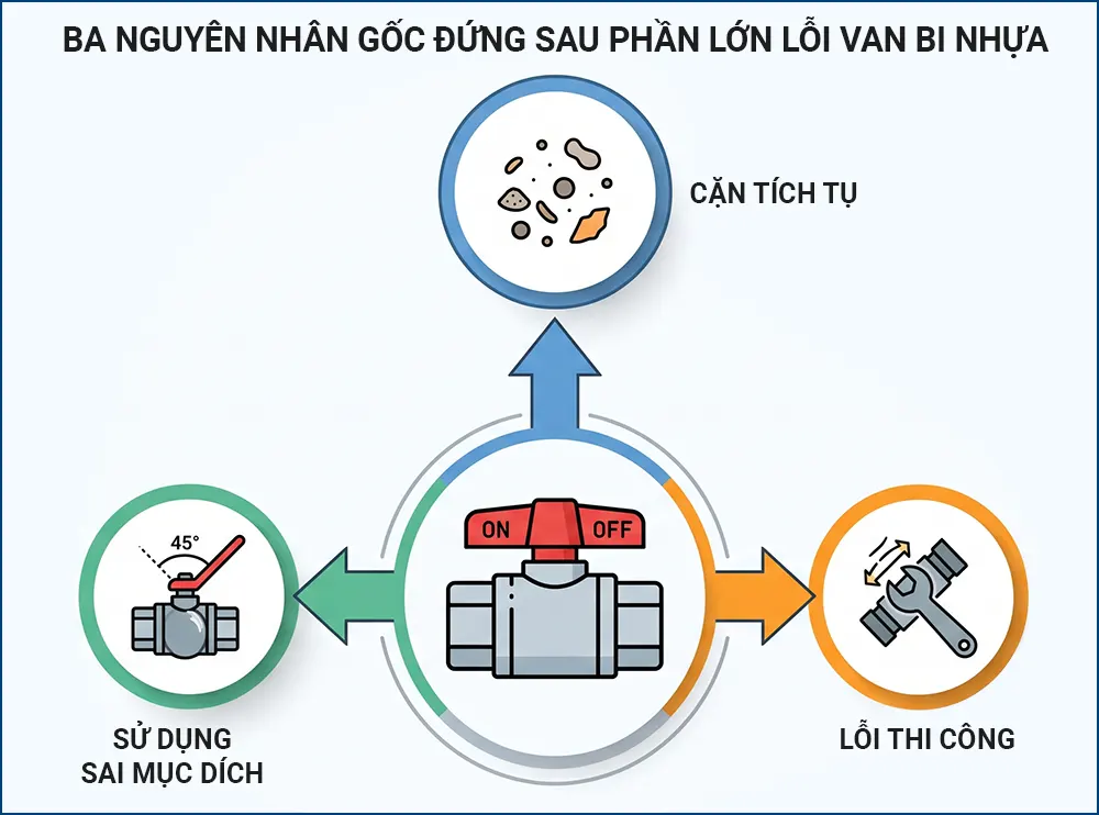 Sơ đồ ba nguyên nhân gốc gây hỏng van bi nhựa: cặn tích tụ, lỗi thi công và dùng sai mục đích