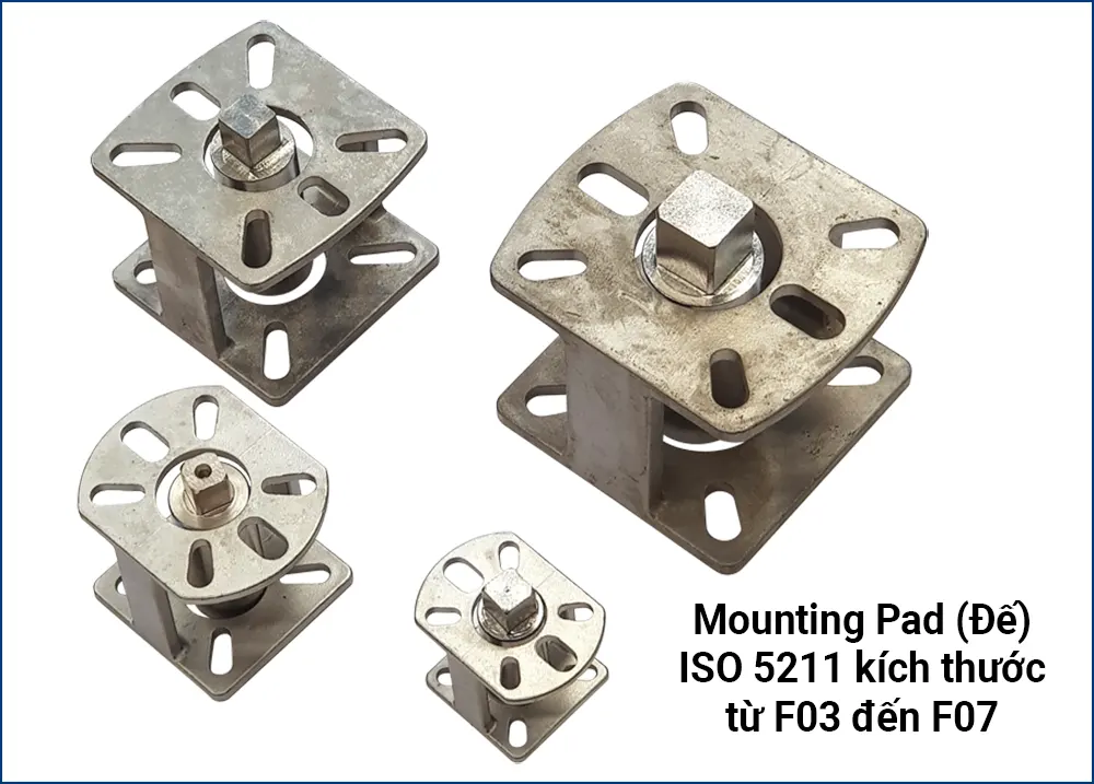 Bốn đế lắp ISO 5211 kích thước tăng dần từ F03 đến F07 xếp cạnh nhau để so sánh