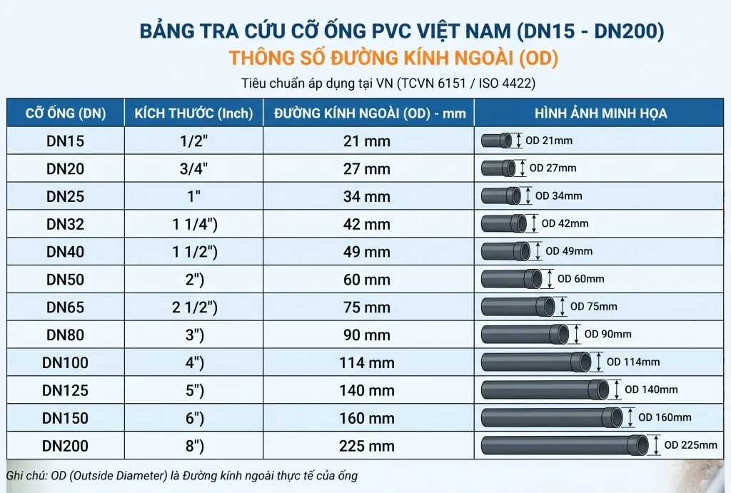 Bảng tra trực quan các cỡ ống PVC Việt Nam từ DN15 đến DN200 với đường kính ngoài tương ứng