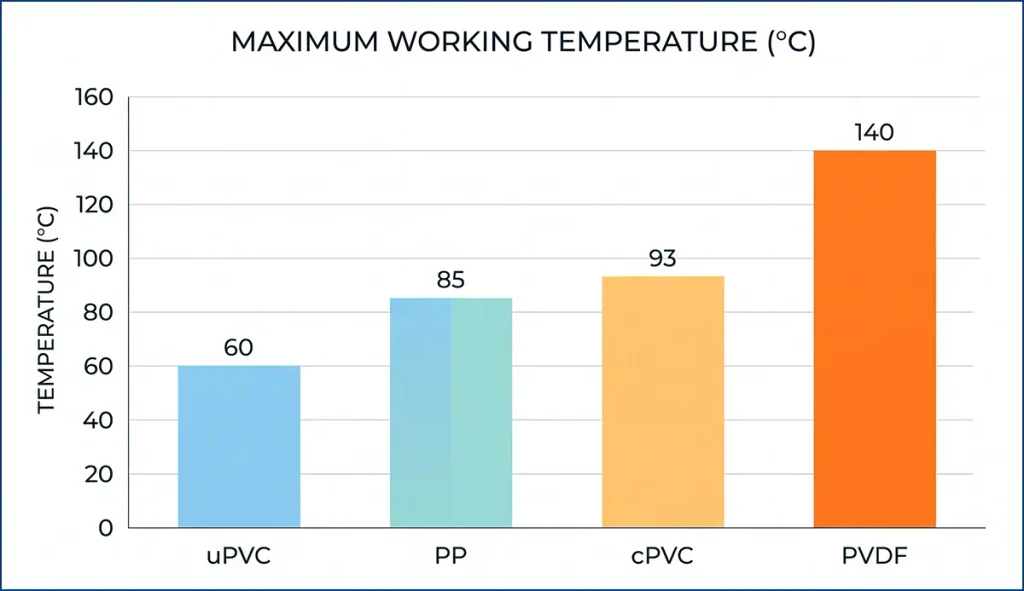 Biểu đồ cột so sánh nhiệt độ làm việc tối đa của van bi uPVC, cPVC, PP và PVDF