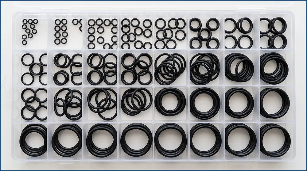 Một bộ gioăng O-ring dự phòng nhiều cỡ khác nhau xếp gọn trong hộp nhỏ