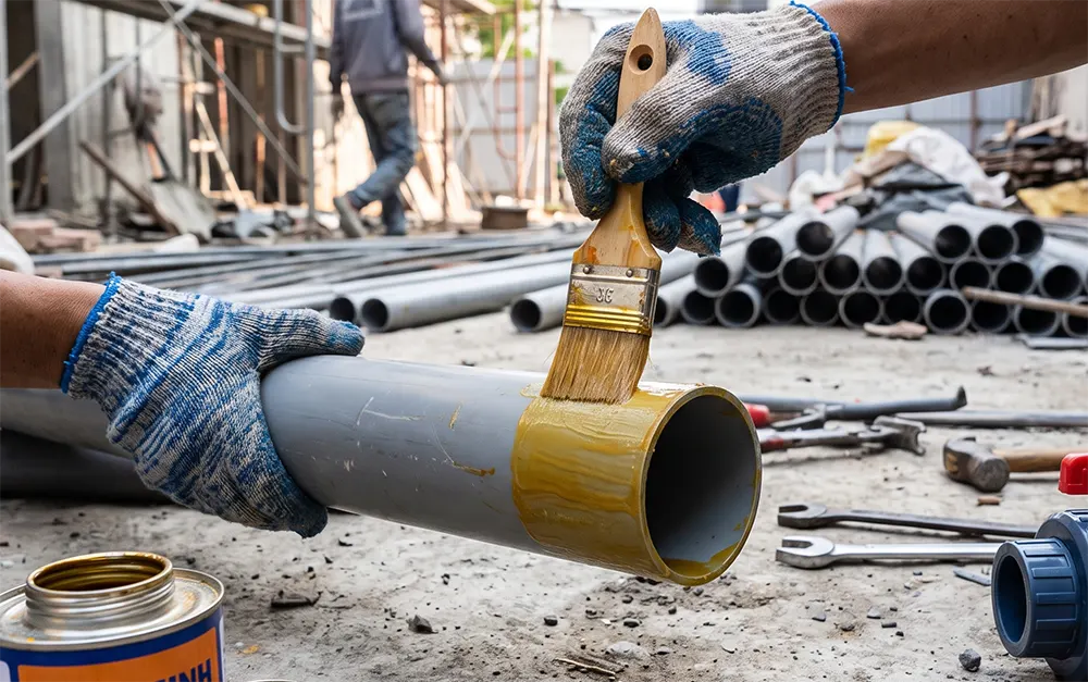 Bàn tay dùng cọ bôi keo dán màu vàng cam đều lên bề mặt ngoài đầu ống nhựa