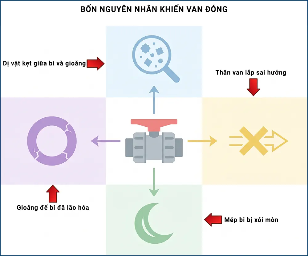 Sơ đồ bốn nguyên nhân khiến van bi nhựa đóng không kín: dị vật, mép bi mòn, lắp sai hướng, gioăng lão hóa