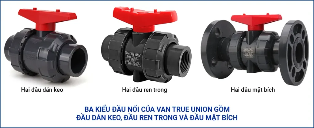 Ba kiểu đầu nối của van True Union gồm đầu dán keo, đầu ren trong và đầu mặt bích