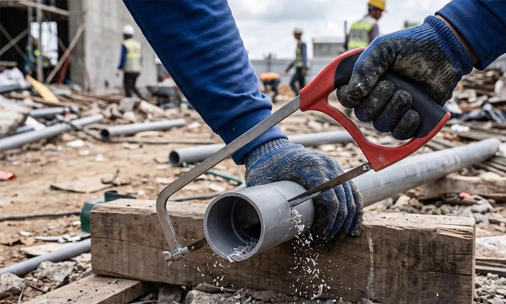 Cưa cắt ống chuyên dụng đang cắt một đoạn ống nhựa PVC theo đường vuông góc