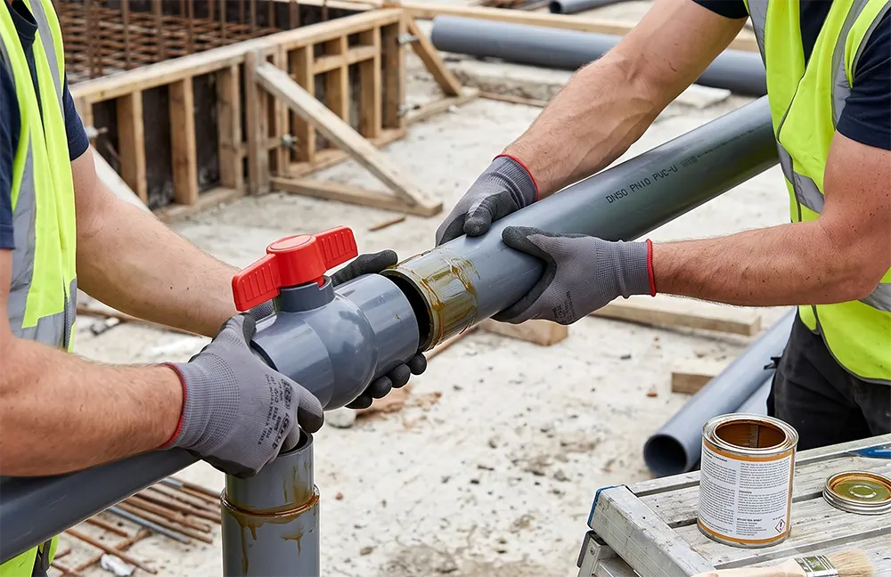 Hai kỹ thuật viên phối hợp đẩy ống PVC cỡ DN50 vào đầu nối van trong quá trình dán keo