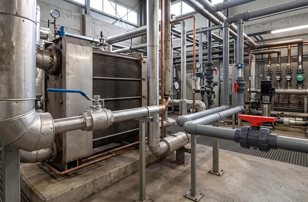 Hệ thống đường ống kết hợp van bi inox ở đoạn gần nguồn nhiệt và van bi nhựa ở đoạn còn lại