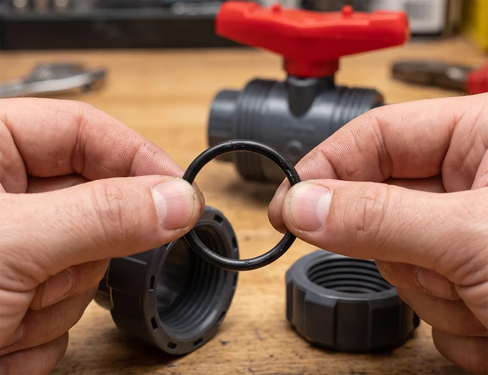 Bàn tay giữ vòng gioăng O-ring đen vừa tháo từ đầu nối van True Union để kiểm tra độ đàn hồi