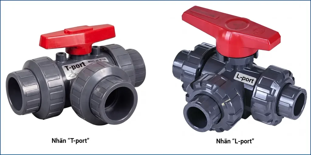 Nhãn L-port và T-port in trên thân van bi 3 ngã nhựa màu xám