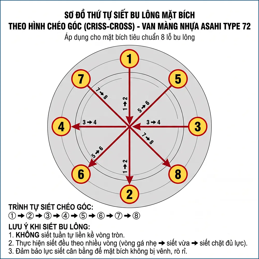 Sơ đồ thứ tự siết bu lông mặt bích theo hình chéo góc cho van màng nhựa Asahi Type 72