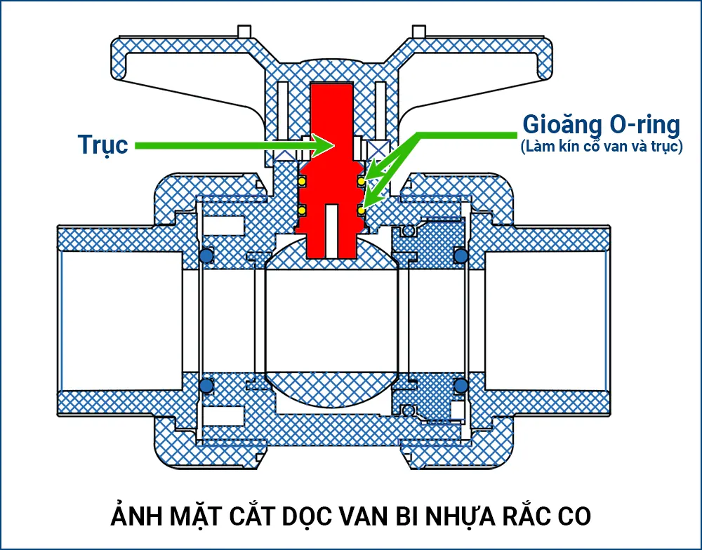 Sơ đồ cắt bổ thể hiện trục van xuyên qua thân van với gioăng O-ring bao quanh tại điểm cổ van