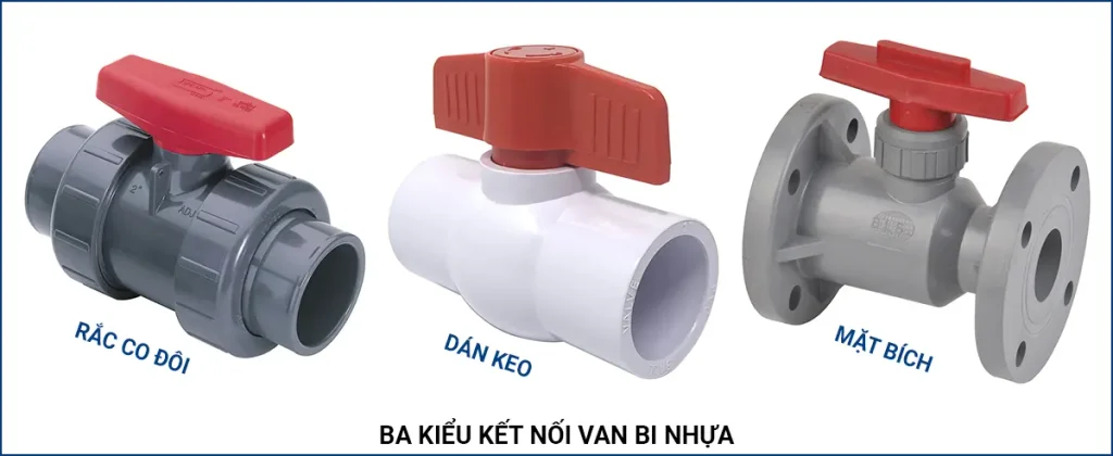 Ba van bi nhựa xếp cạnh nhau thể hiện kiểu kết nối rắc co đôi, dán keo và mặt bích.