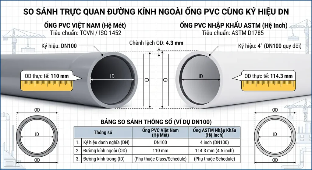 So sánh trực quan đường kính ngoài giữa ống PVC Việt Nam và ống nhập khẩu ASTM cùng ký hiệu DN
