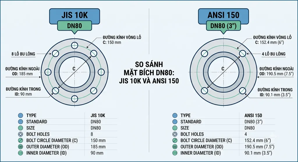 hai hình tròn mặt bích đặt cạnh nhau, bên trái 8 lỗ ghi "JIS 10K", bên phải 4 lỗ ghi "ANSI 150", có đường kính vòng lỗ C