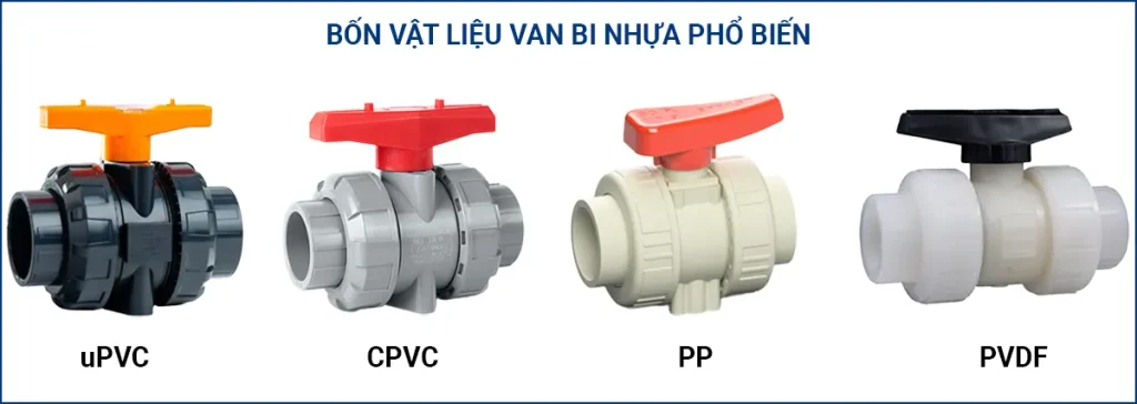 Bốn van bi nhựa cùng cỡ làm từ uPVC, cPVC, PP và PVDF xếp thành hàng thể hiện màu sắc đặc trưng từng vật liệu