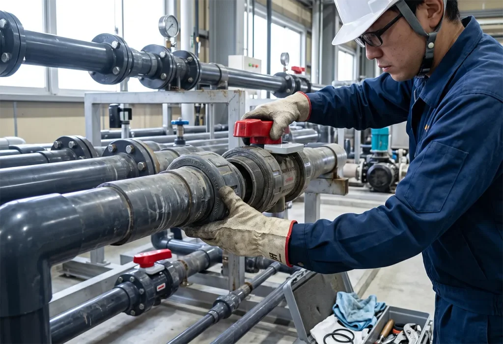 Kỹ thuật viên tháo lắp bảo trì van bi nhựa Asahi Type 21 dạng true union