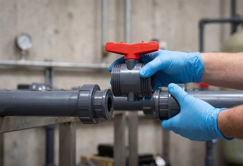 hai tay đeo găng đang nhấc thân van bi ra khỏi hai đầu nối còn gắn trên ống PVC.