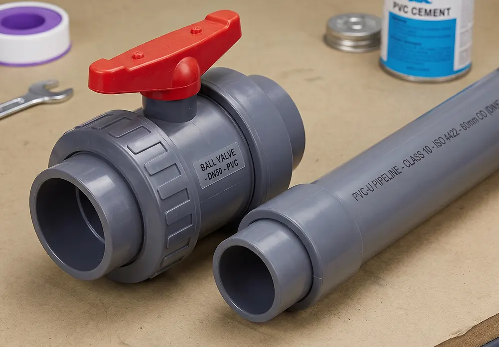 Van bi nhựa DN50 lắp khít với đoạn ống PVC phi 60mm theo hệ Việt Nam
