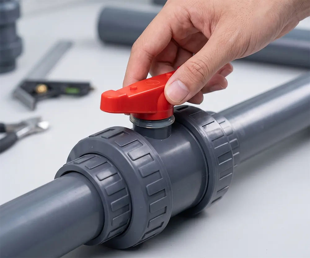 Một bàn tay dễ dàng thao tác tay gạt van bi DN50 mà không cần lực đáng kể