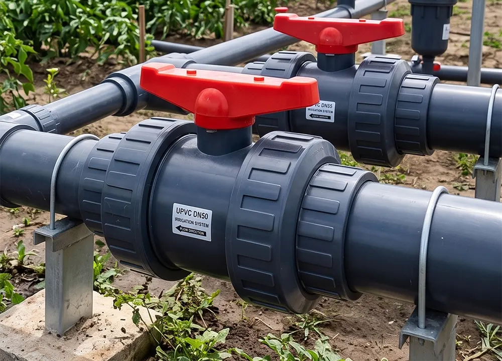 Van bi DN50 lắp trên tuyến ống chính của hệ tưới tiêu nông nghiệp quy mô vừa
